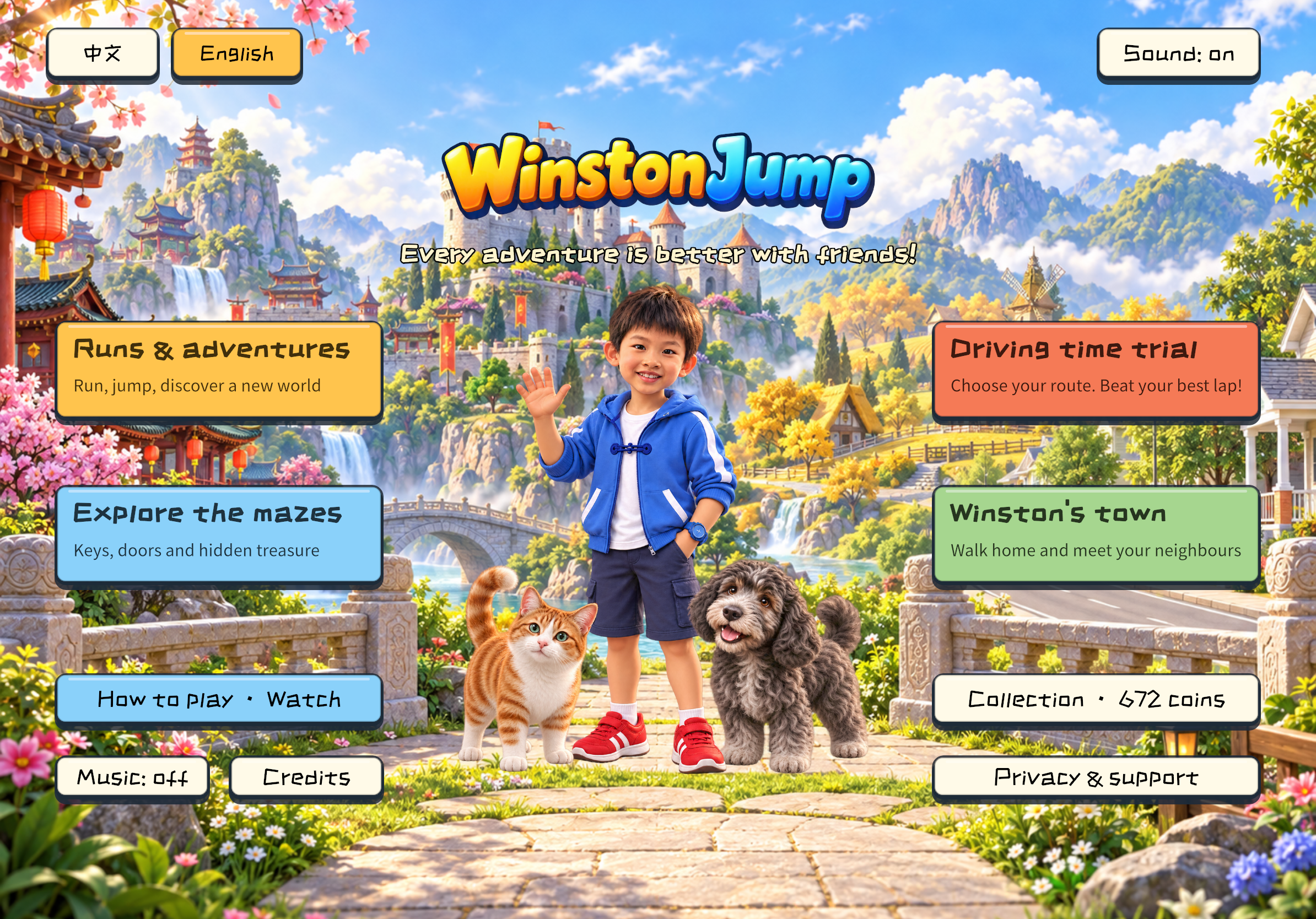 Winston Jump on iPad, with Winston, Nemo and Otis and buttons for running, mazes, racing and town exploration
